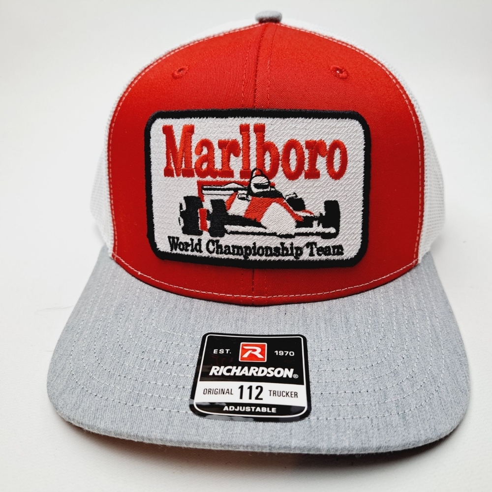 RETRO MARLBORO RACING BLACK CAP HAT PANEL HIGH CROWN TRUCKER SNAPBACK VINTAGE ST